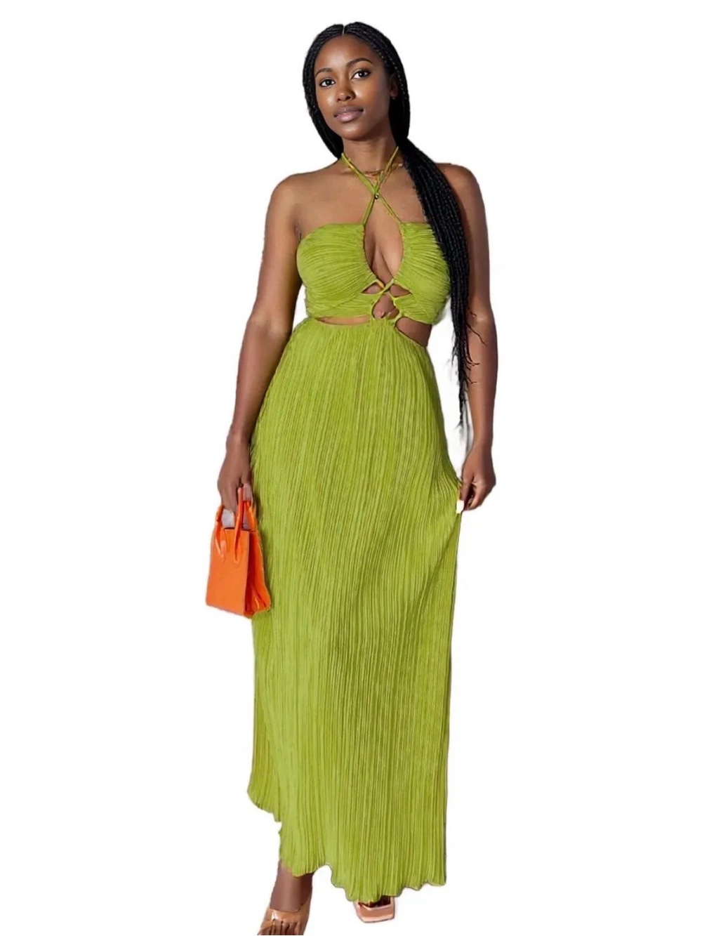 SHEIN Lime Green Halter Cutout Pleated Maxi Dress